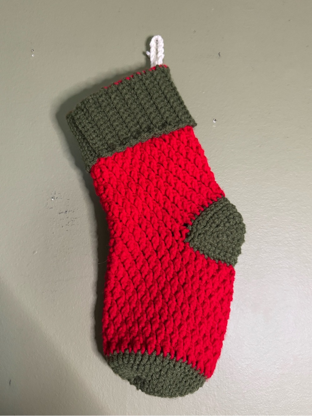 Handmade Red and Olive Green Crochet Holiday Stocking